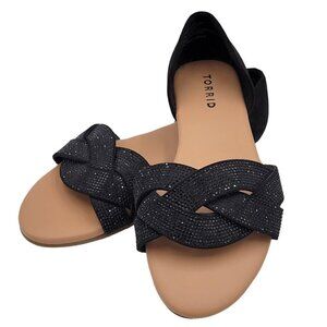 Torrid Shoes Size 8WW Rhinestone Twist Flats Open Toe Cushioned Slip On Slide